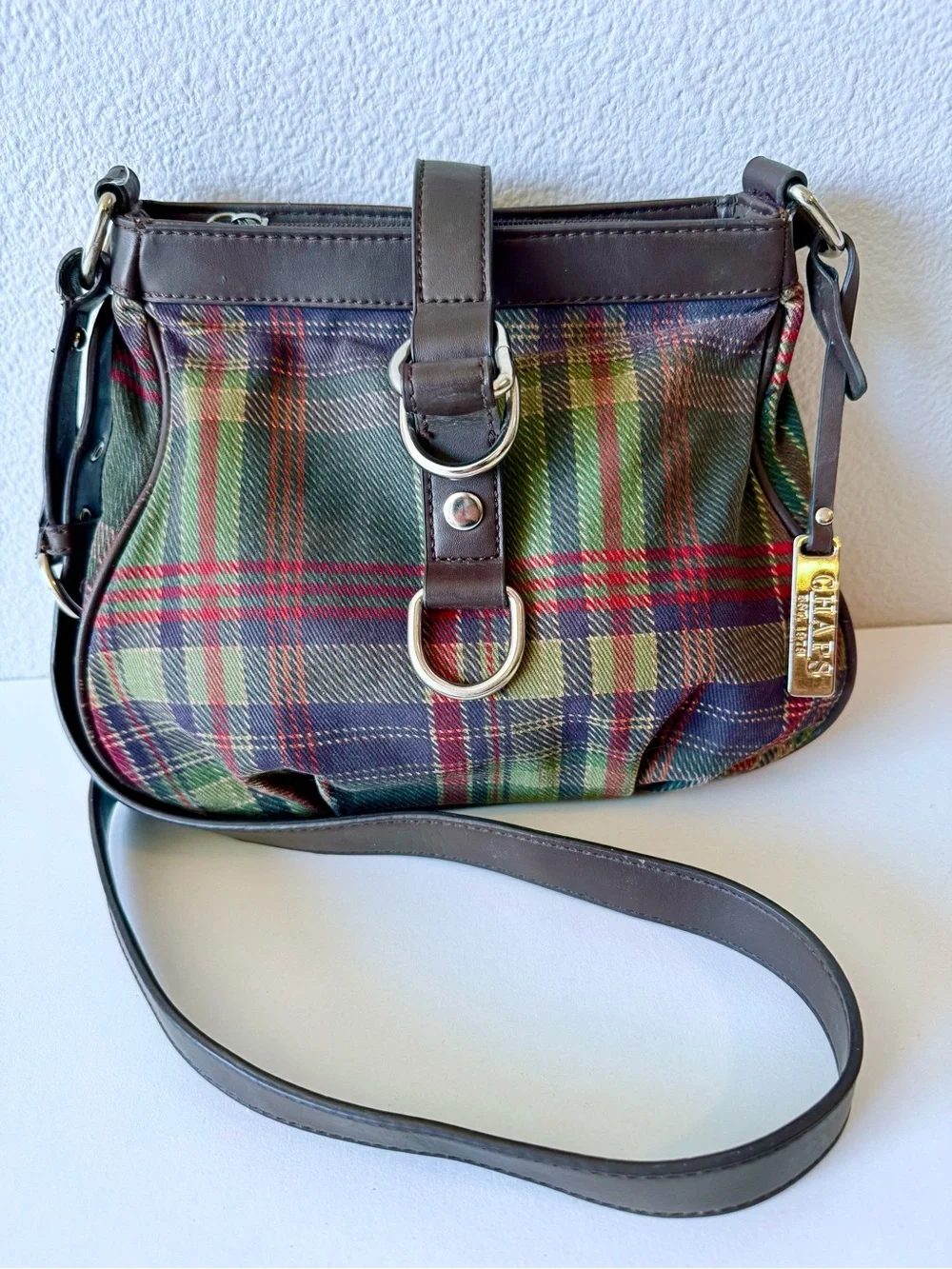 Chaps Vintage Style Plaid Crossbody Bag Brown Blue Green Red Tartan